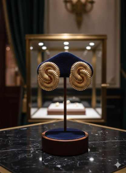 Vintage Spiral Gold Statement Earrings – Retro Sculptural Bold Clip On Earrings, Luxury Chunky Party Jewelry