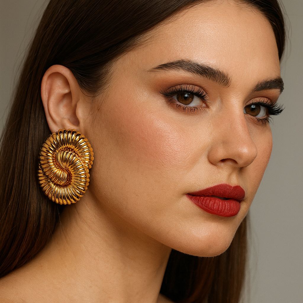 Vintage Spiral Gold Statement Earrings – Retro Sculptural Bold Clip On Earrings, Luxury Chunky Party Jewelry