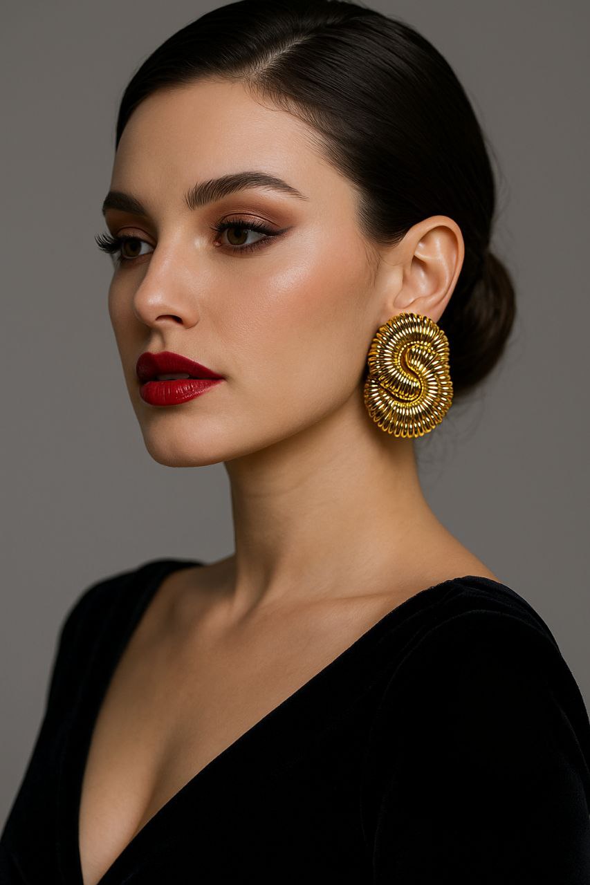 Vintage Spiral Gold Statement Earrings – Retro Sculptural Bold Clip On Earrings, Luxury Chunky Party Jewelry