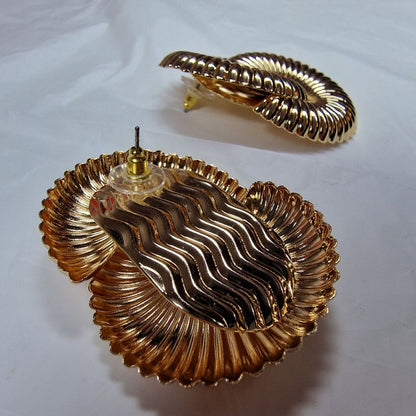 Vintage Spiral Gold Statement Earrings – Retro Sculptural Bold Clip On Earrings, Luxury Chunky Party Jewelry