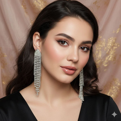 Crystal Fringe Statement Earrings – Long Rhinestone Tassel Drop Earrings Bridal Glam Party Jewelry Gift