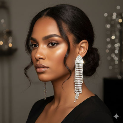 Crystal Fringe Statement Earrings – Long Rhinestone Tassel Drop Earrings Bridal Glam Party Jewelry Gift