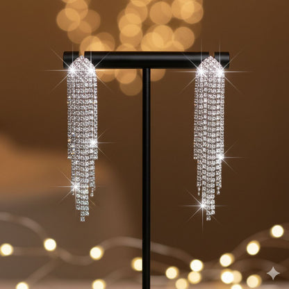 Crystal Fringe Statement Earrings – Long Rhinestone Tassel Drop Earrings Bridal Glam Party Jewelry Gift