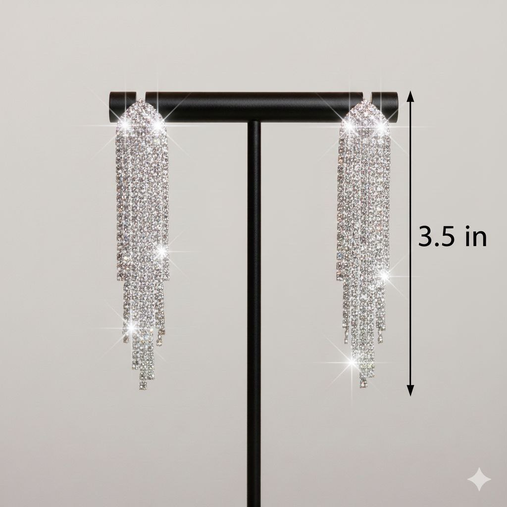 Crystal Fringe Statement Earrings – Long Rhinestone Tassel Drop Earrings Bridal Glam Party Jewelry Gift