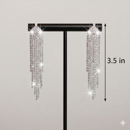 Crystal Fringe Statement Earrings – Long Rhinestone Tassel Drop Earrings Bridal Glam Party Jewelry Gift