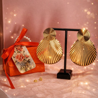 Gold Shell Statement Earrings – Large Sculptural Drop Earrings Bold Luxury Resort Glam Jewelry Gift