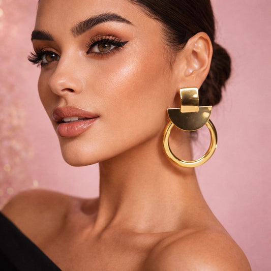 Bold Gold Geometric Hoop Earrings – Large Statement Circle Drop Earrings, Sculptural Modern Jewelry