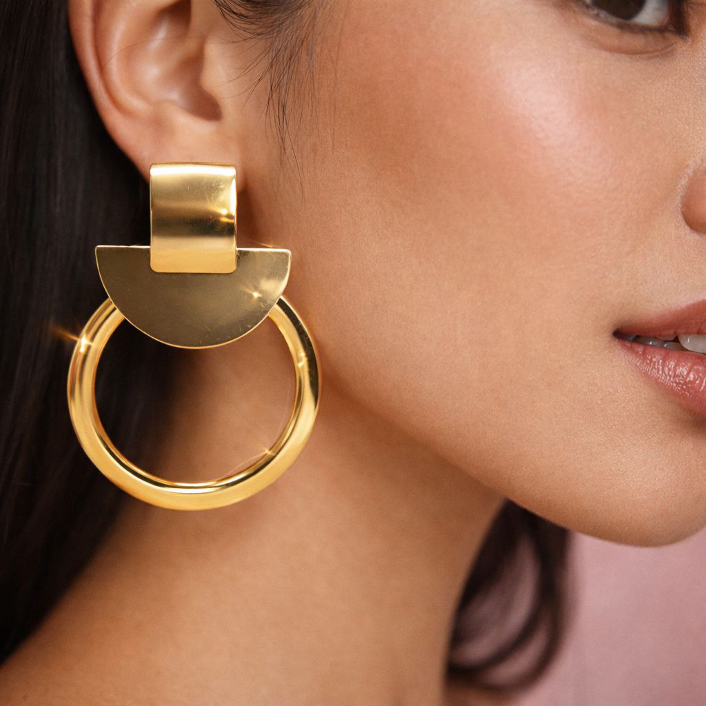Bold Gold Geometric Hoop Earrings – Large Statement Circle Drop Earrings, Sculptural Modern Jewelry