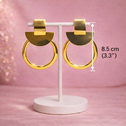 Bold Gold Geometric Hoop Earrings – Large Statement Circle Drop Earrings, Sculptural Modern Jewelry