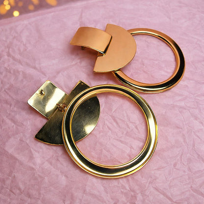 Bold Gold Geometric Hoop Earrings – Large Statement Circle Drop Earrings, Sculptural Modern Jewelry