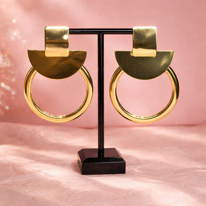 Bold Gold Geometric Hoop Earrings – Large Statement Circle Drop Earrings, Sculptural Modern Jewelry