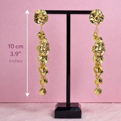 Gold Coin Cascade Statement Earrings – Long Textured Drop Earrings, Luxury Sculptural Jewelry
