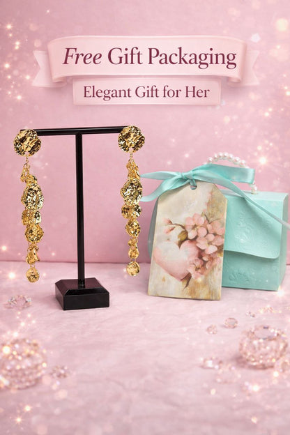 Gold Coin Cascade Statement Earrings – Long Textured Drop Earrings, Luxury Sculptural Jewelry