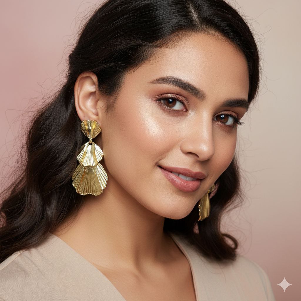 Gold Shell Drop Earrings Statement Fan Earrings Textured Gold Earrings Elegant Short Dangle Modern Luxury Jewelry Gift for Her