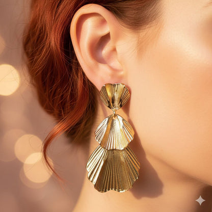 Gold Shell Drop Earrings Statement Fan Earrings Textured Gold Earrings Elegant Short Dangle Modern Luxury Jewelry Gift for Her