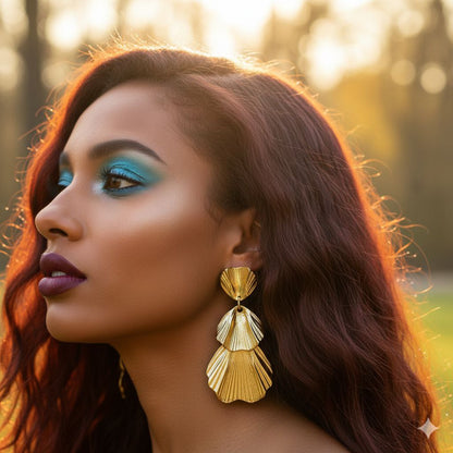 Gold Shell Drop Earrings Statement Fan Earrings Textured Gold Earrings Elegant Short Dangle Modern Luxury Jewelry Gift for Her