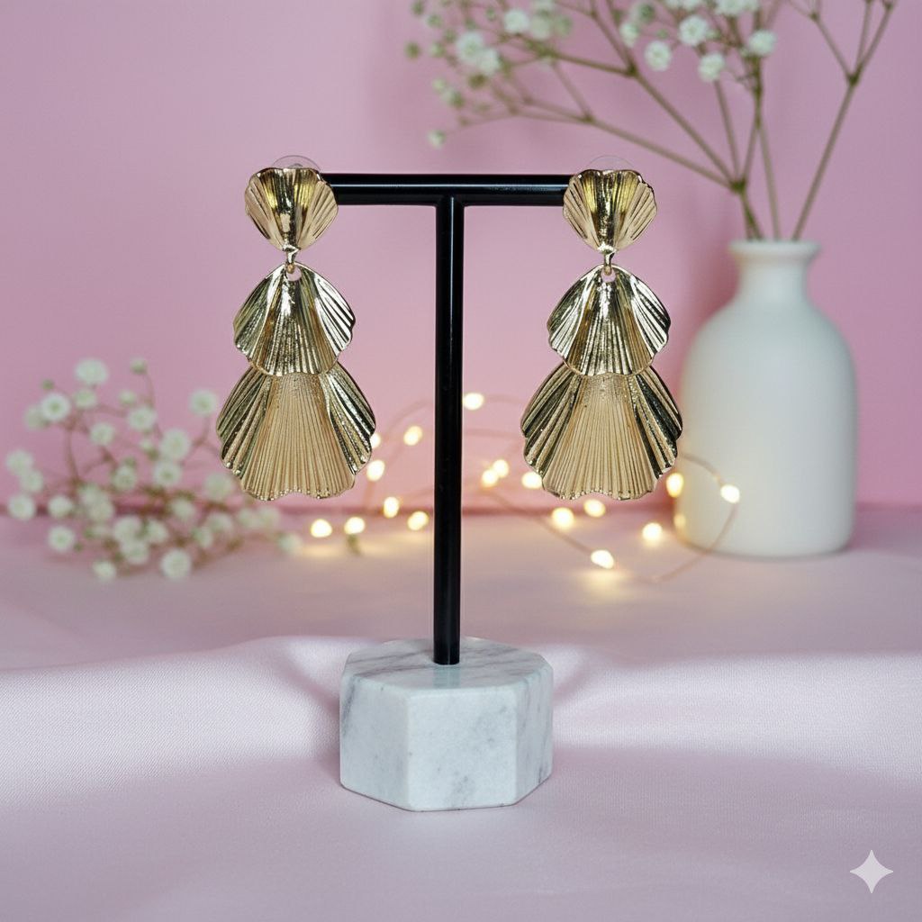 Gold Shell Drop Earrings Statement Fan Earrings Textured Gold Earrings Elegant Short Dangle Modern Luxury Jewelry Gift for Her