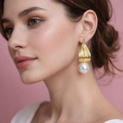 Gold Pearl Drop Earrings Statement Elegant Pearl Dangle Earrings Textured Gold Shell Earrings Wedding Jewelry Gift for Her Luxury Earrings