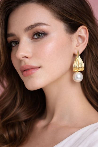 Gold Pearl Drop Earrings Statement Elegant Pearl Dangle Earrings Textured Gold Shell Earrings Wedding Jewelry Gift for Her Luxury Earrings