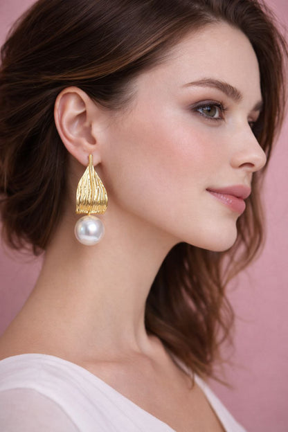 Gold Pearl Drop Earrings Statement Elegant Pearl Dangle Earrings Textured Gold Shell Earrings Wedding Jewelry Gift for Her Luxury Earrings