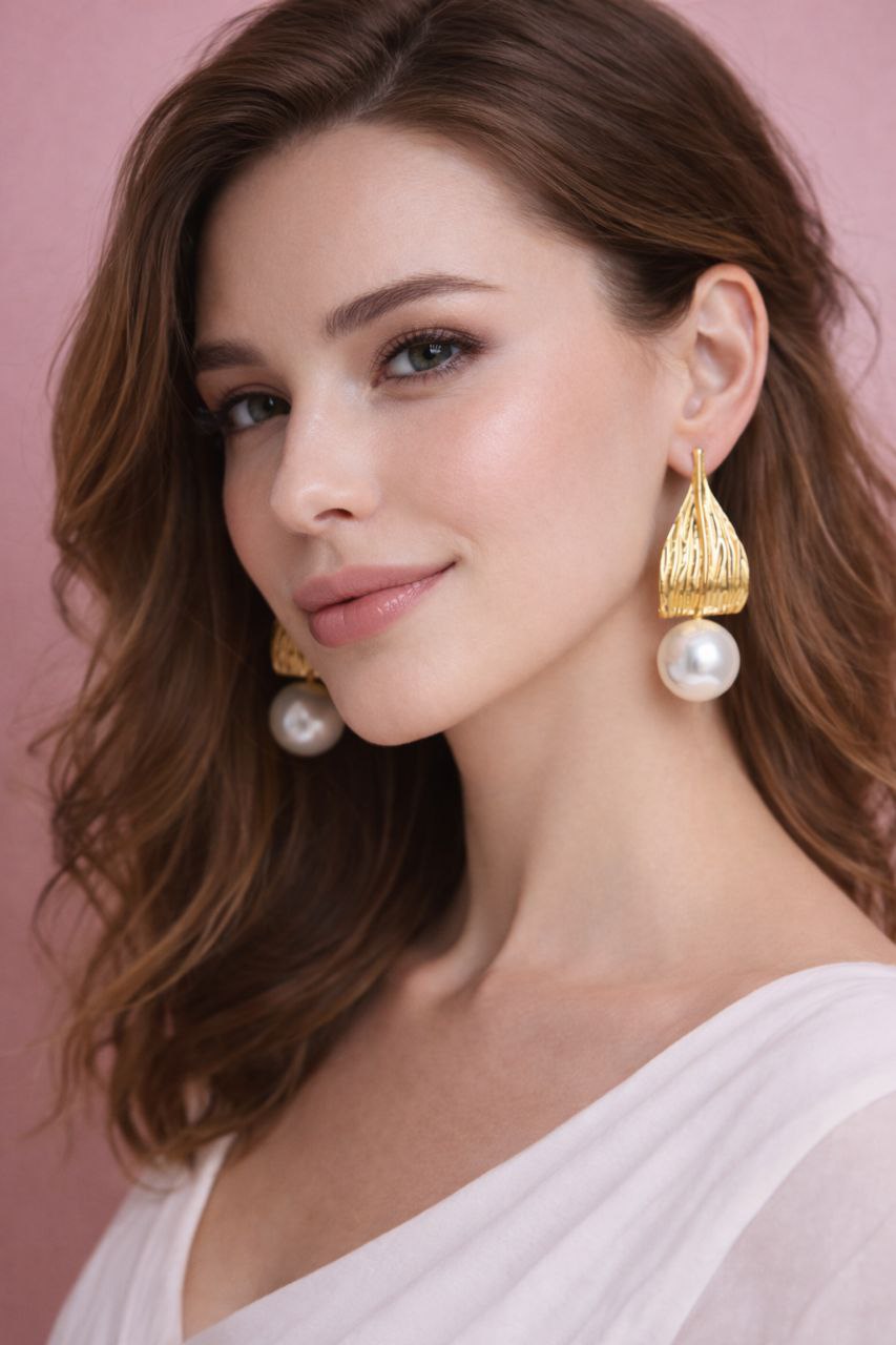 Gold Pearl Drop Earrings Statement Elegant Pearl Dangle Earrings Textured Gold Shell Earrings Wedding Jewelry Gift for Her Luxury Earrings
