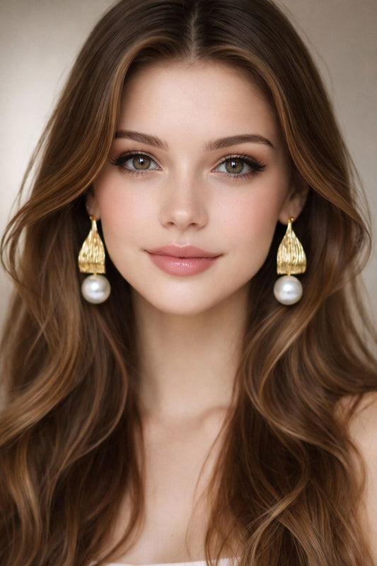Gold Pearl Drop Earrings Statement Elegant Pearl Dangle Earrings Textured Gold Shell Earrings Wedding Jewelry Gift for Her Luxury Earrings