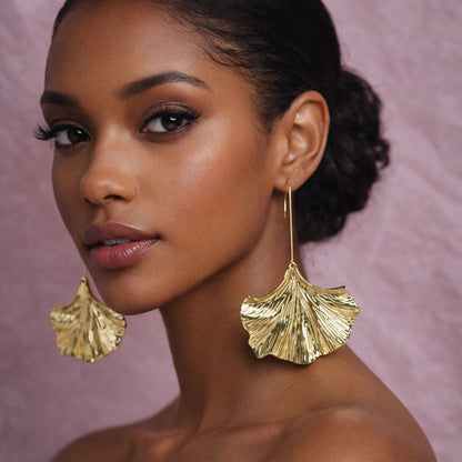Gold Ginkgo Leaf Statement Earrings Long Nature Inspired Drop Earrings Botanical Fan Earrings Lightweight Luxury Dangle Earrings Gift for Her