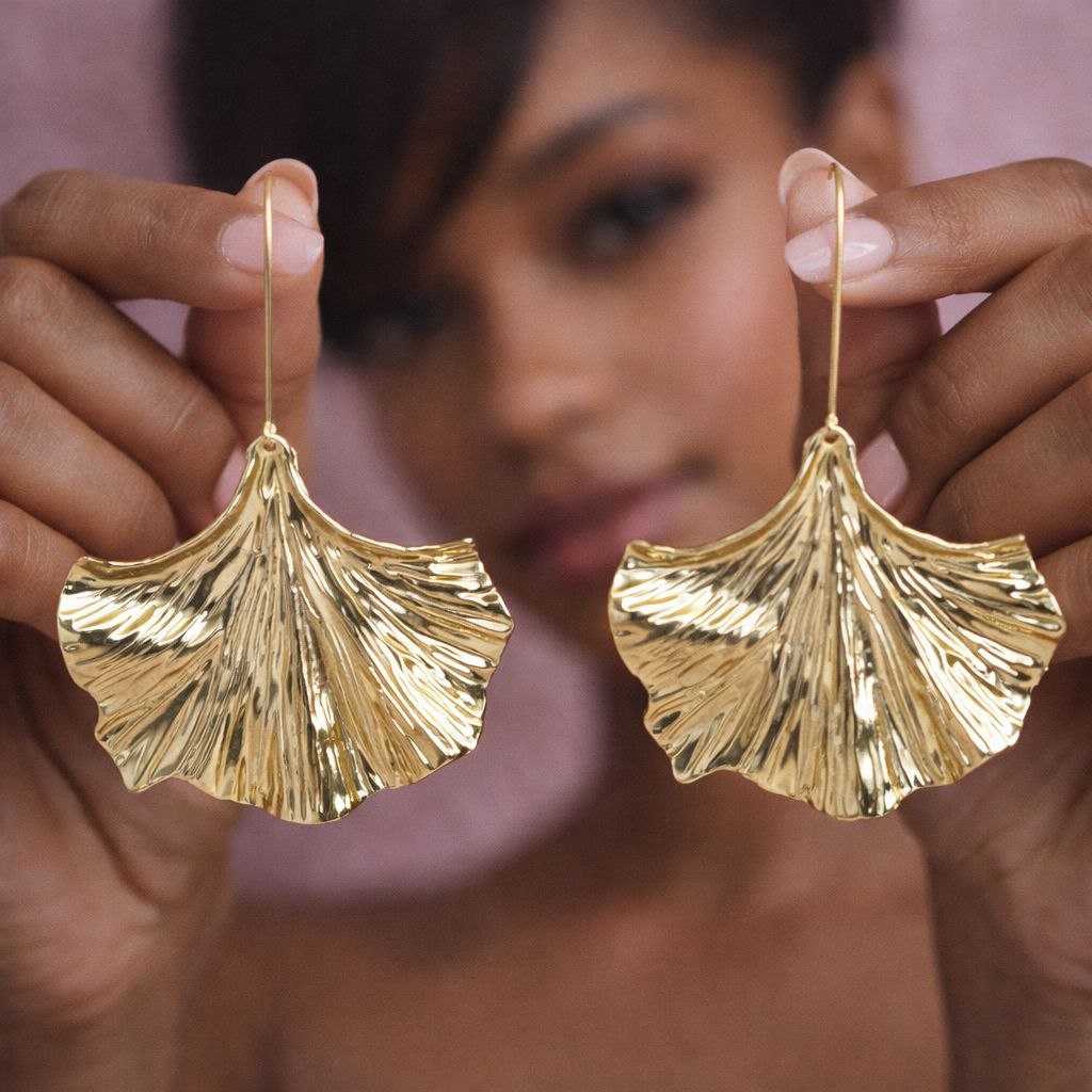 Gold Ginkgo Leaf Statement Earrings Long Nature Inspired Drop Earrings Botanical Fan Earrings Lightweight Luxury Dangle Earrings Gift for Her