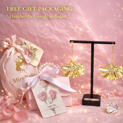 Gold Ginkgo Leaf Statement Earrings Long Nature Inspired Drop Earrings Botanical Fan Earrings Lightweight Luxury Dangle Earrings Gift for Her