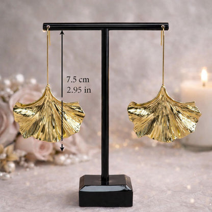 Gold Ginkgo Leaf Statement Earrings Long Nature Inspired Drop Earrings Botanical Fan Earrings Lightweight Luxury Dangle Earrings Gift for Her