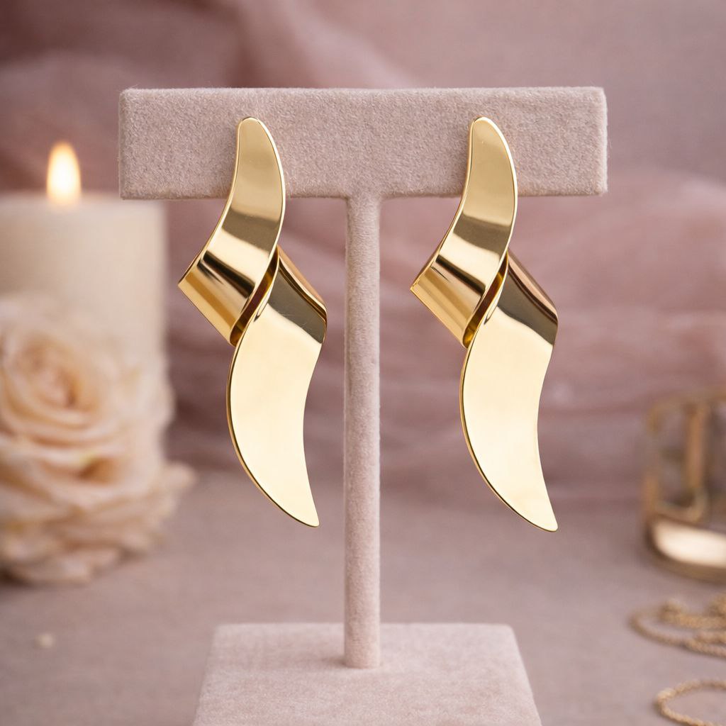 Gold Curved Statement Earrings Modern Sculptural Drop Earrings Minimalist Gold Dangle Earrings Lightweight Elegant Jewelry Gift for Her