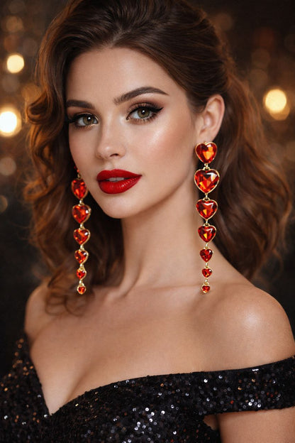Red Heart Statement Earrings Long Romantic Drop