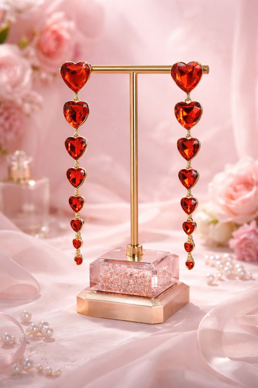 Red Heart Statement Earrings Long Romantic Drop