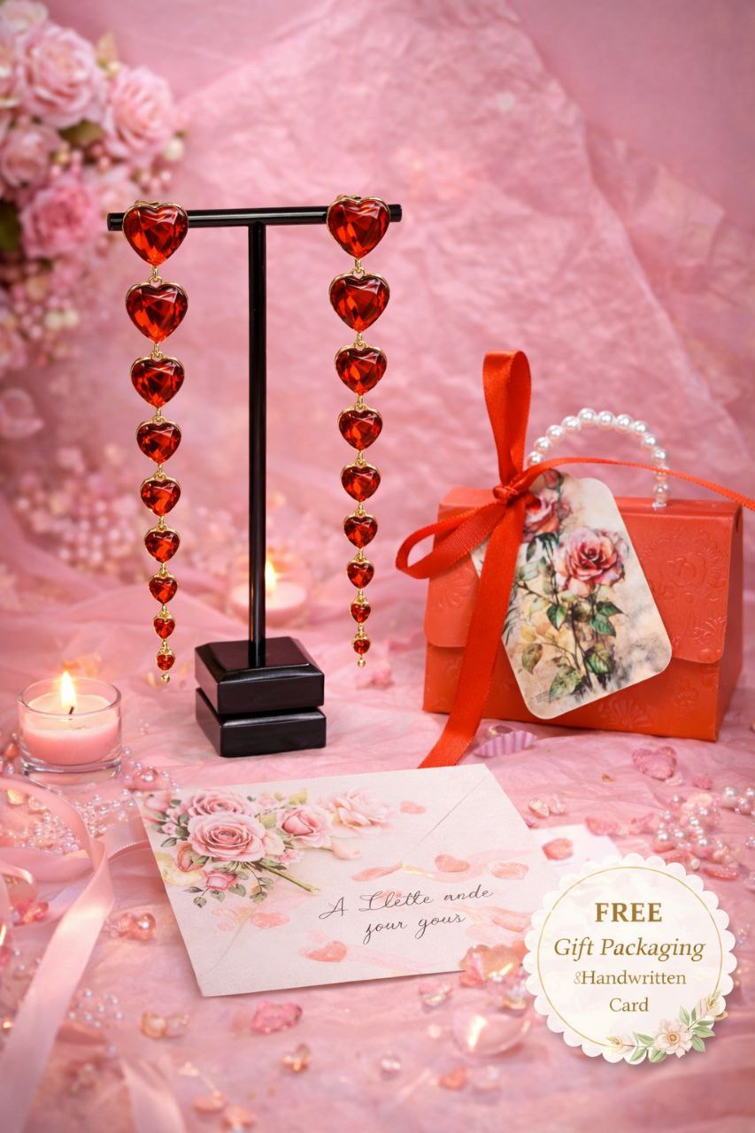 Red Heart Statement Earrings Long Romantic Drop