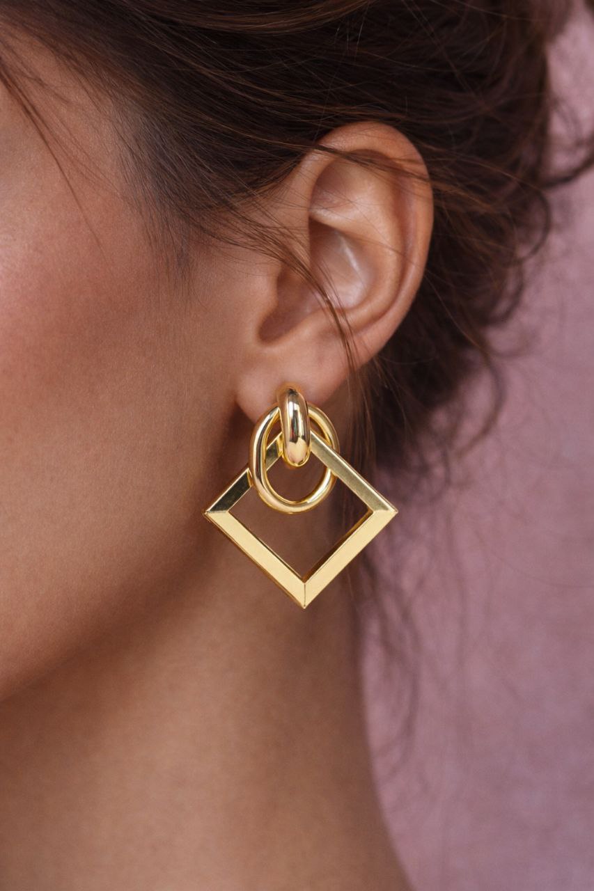 Gold Geometric Square Earrings – Minimalist Statement Drop Earrings