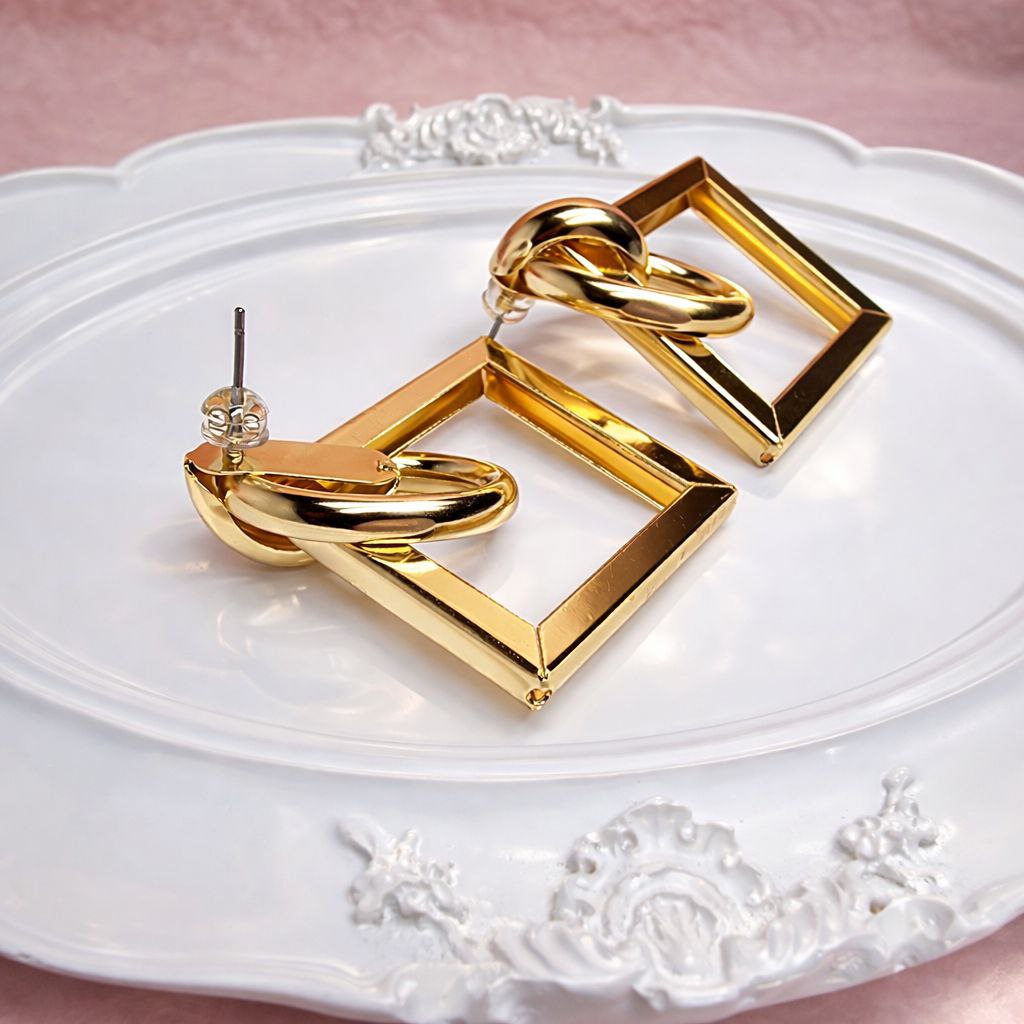 Gold Geometric Square Earrings – Minimalist Statement Drop Earrings