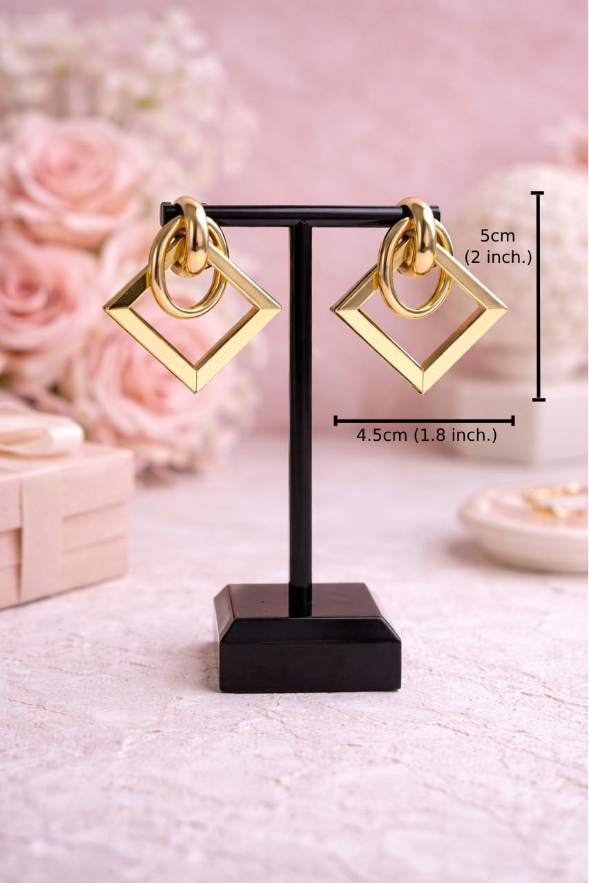 Gold Geometric Square Earrings – Minimalist Statement Drop Earrings