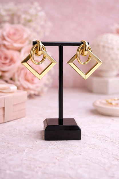 Gold Geometric Square Earrings – Minimalist Statement Drop Earrings