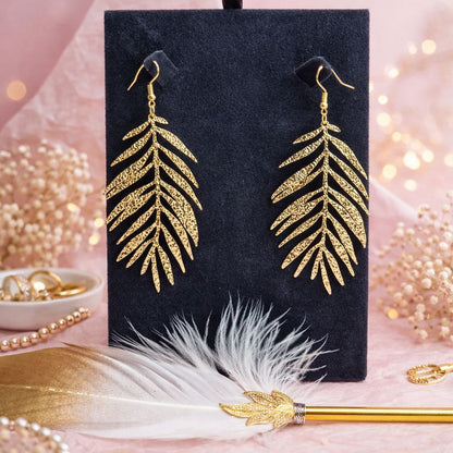 Gold Palm Leaf Jewelry Set | Statement Earrings & Necklace Set | Tropical Boho Gift for Women