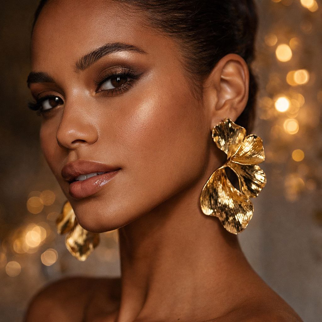 Gold Flower Statement Earrings – Large Botanical Drop Earrings