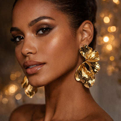 Gold Flower Statement Earrings – Large Botanical Drop Earrings