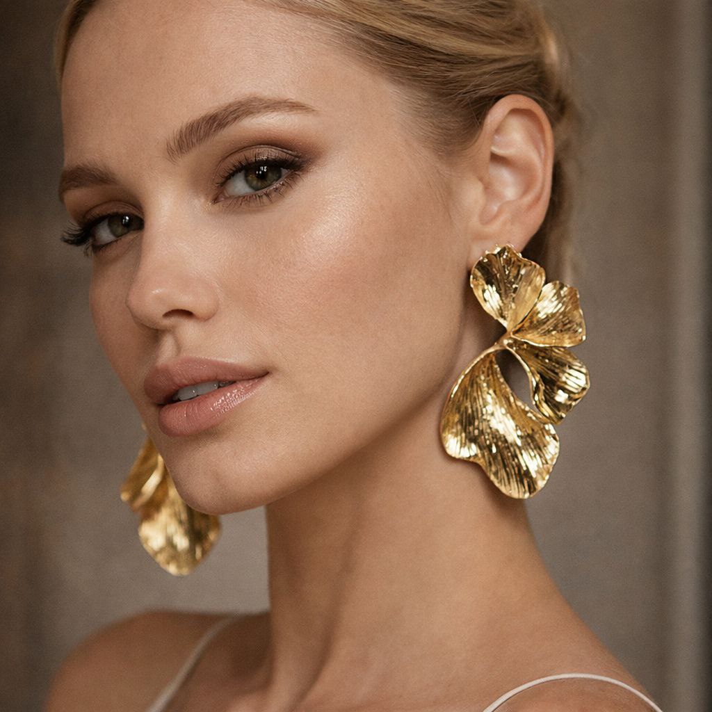 Gold Flower Statement Earrings – Large Botanical Drop Earrings