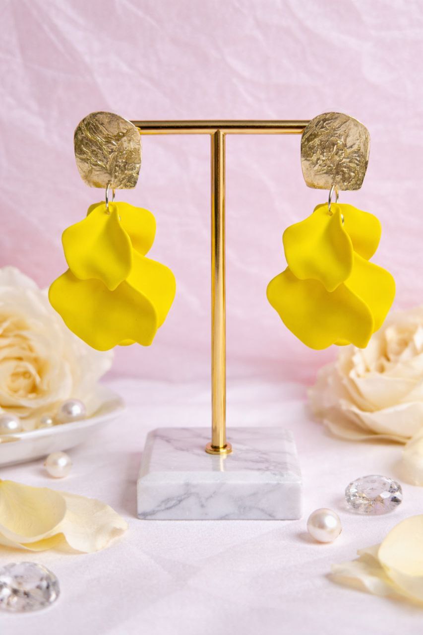 Yellow Statement Flower Earrings, Oversized Floral Earrings, Bold Gold Earrings, Summer Vacation Jewelry, Lightweight Earrings