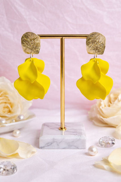Yellow Statement Flower Earrings, Oversized Floral Earrings, Bold Gold Earrings, Summer Vacation Jewelry, Lightweight Earrings