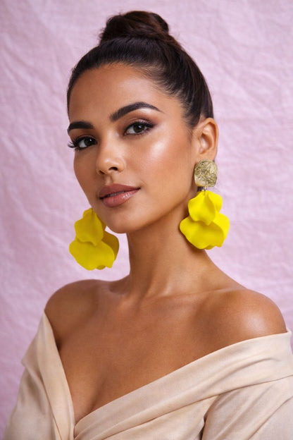 Yellow Statement Flower Earrings, Oversized Floral Earrings, Bold Gold Earrings, Summer Vacation Jewelry, Lightweight Earrings