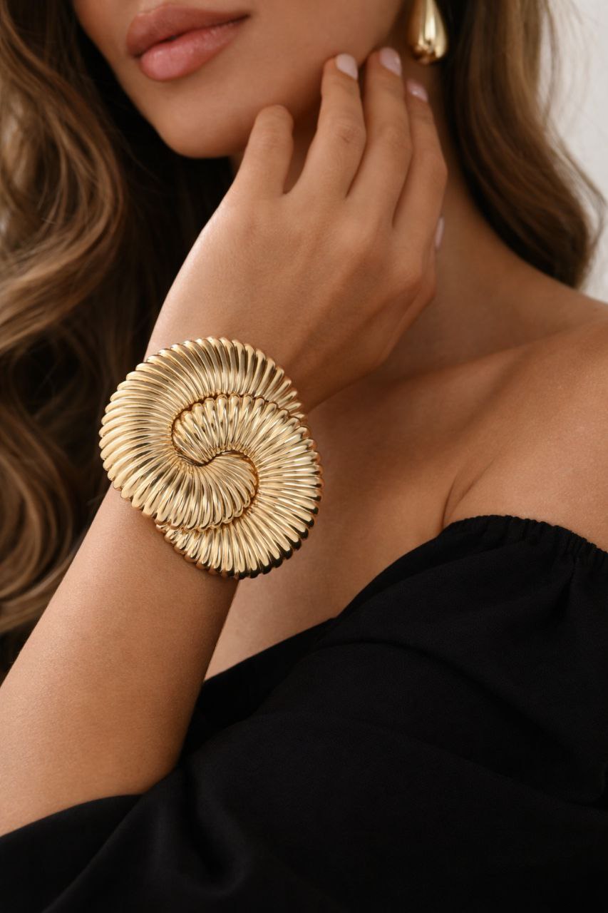 Gold Spiral Statement Cuff Bracelet, Oversized Gold Bracelet, Luxury Sculptural Bangle, Bold Runway Jewelry
