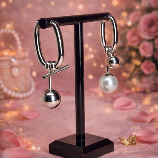 Minimalist Silver Hoop Earrings with Drop Ball – Modern Statement Dangle Earrings for Women, Elegant Gift Jewelry