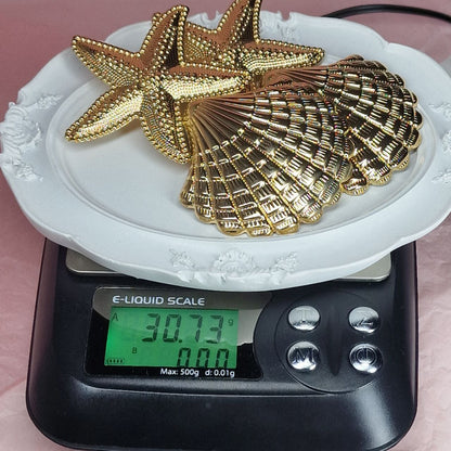 Gold Starfish Shell Statement Earrings, Coastal Glam Earrings, Ocean Inspired Luxury Earrings, Mermaidcore Beach Jewelry