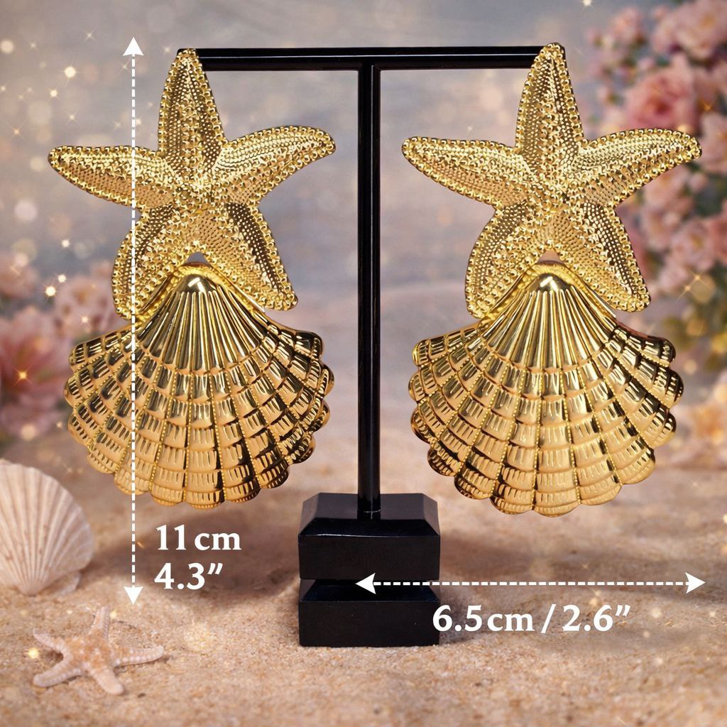 Gold Starfish Shell Statement Earrings, Coastal Glam Earrings, Ocean Inspired Luxury Earrings, Mermaidcore Beach Jewelry