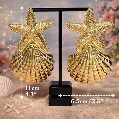 Gold Starfish Shell Statement Earrings, Coastal Glam Earrings, Ocean Inspired Luxury Earrings, Mermaidcore Beach Jewelry